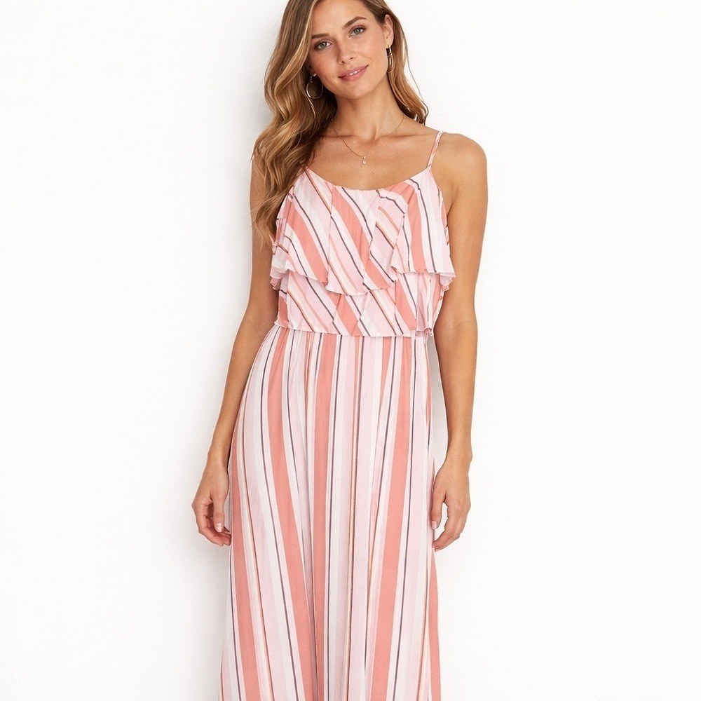 Rebecca The Label Maxi Dress Women Medium Pink Striped Ruffle CD5468‎